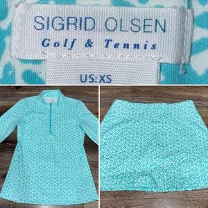 Sigrid Olsen Aqua White Sweet Circles Long Sleeve Quarter Zip and Skort Set XS
